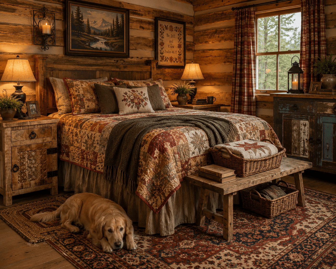 Cozy rustic cabin bedroom with a wooden bed, colorful patchwork quilt, carved wood nightstand, warm lamps, cross-stitch wall art, mountain artwork, patterned rugs, woven baskets, and a Golden Retriever resting beside the bed.