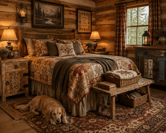 Cozy rustic cabin bedroom with a wooden bed, colorful patchwork quilt, carved wood nightstand, warm lamps, cross-stitch wall art, mountain artwork, patterned rugs, woven baskets, and a Golden Retriever resting beside the bed.
