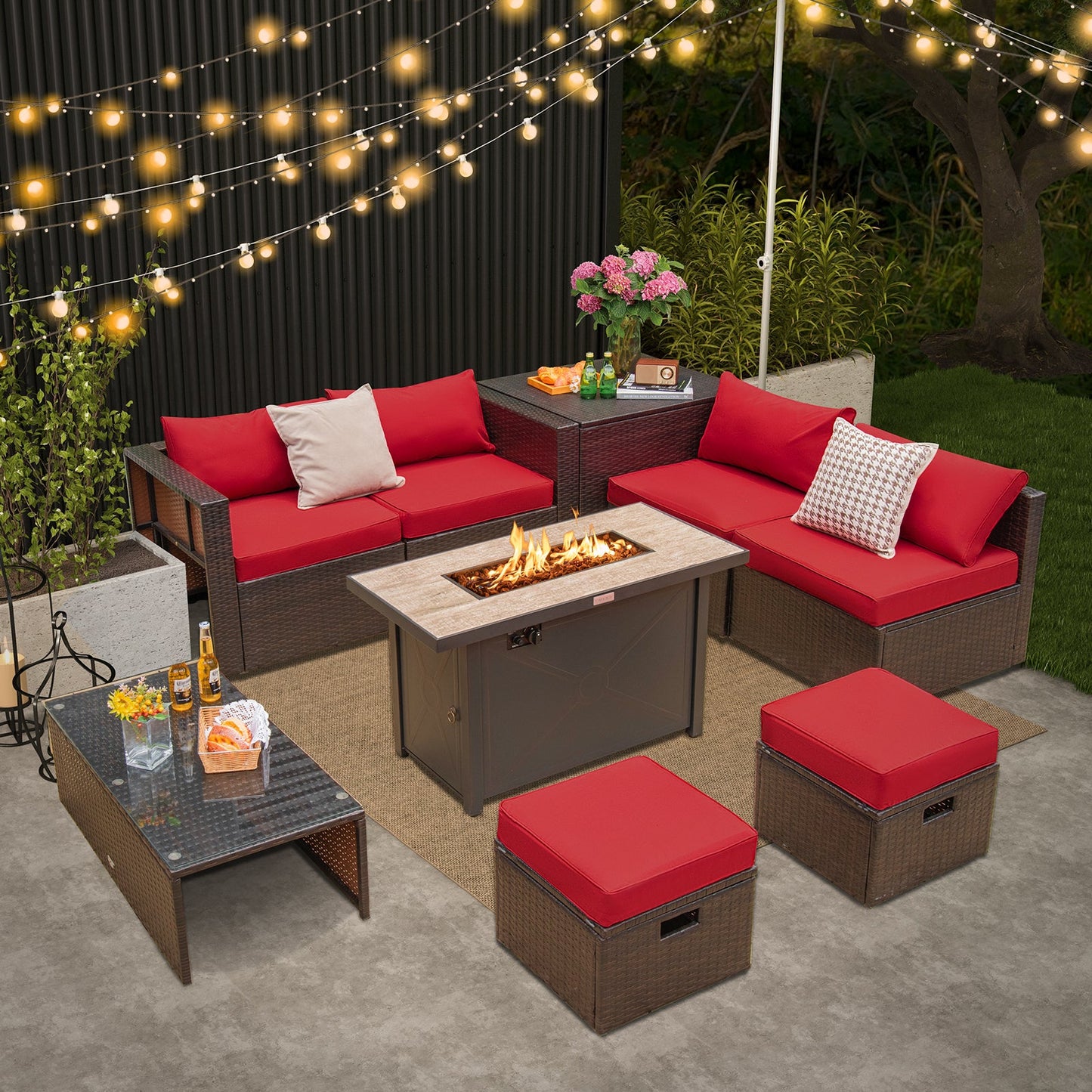 9 Pieces Rustic Outdoor Patio Furniture Set with 42 Inch Propane Fire Pit Table-Red