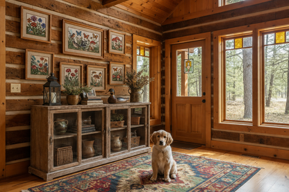 A golden retriever sits on a colorful patterned area rug in a rustic log cabin entryway. The room features wood-paneled walls, framed floral artwork, a distressed wooden cabinet, and large windows looking out onto a wooded forest.