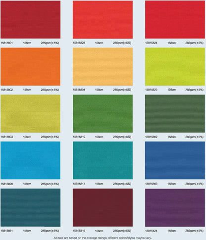 Color swatch chart with various colored fabric samples.