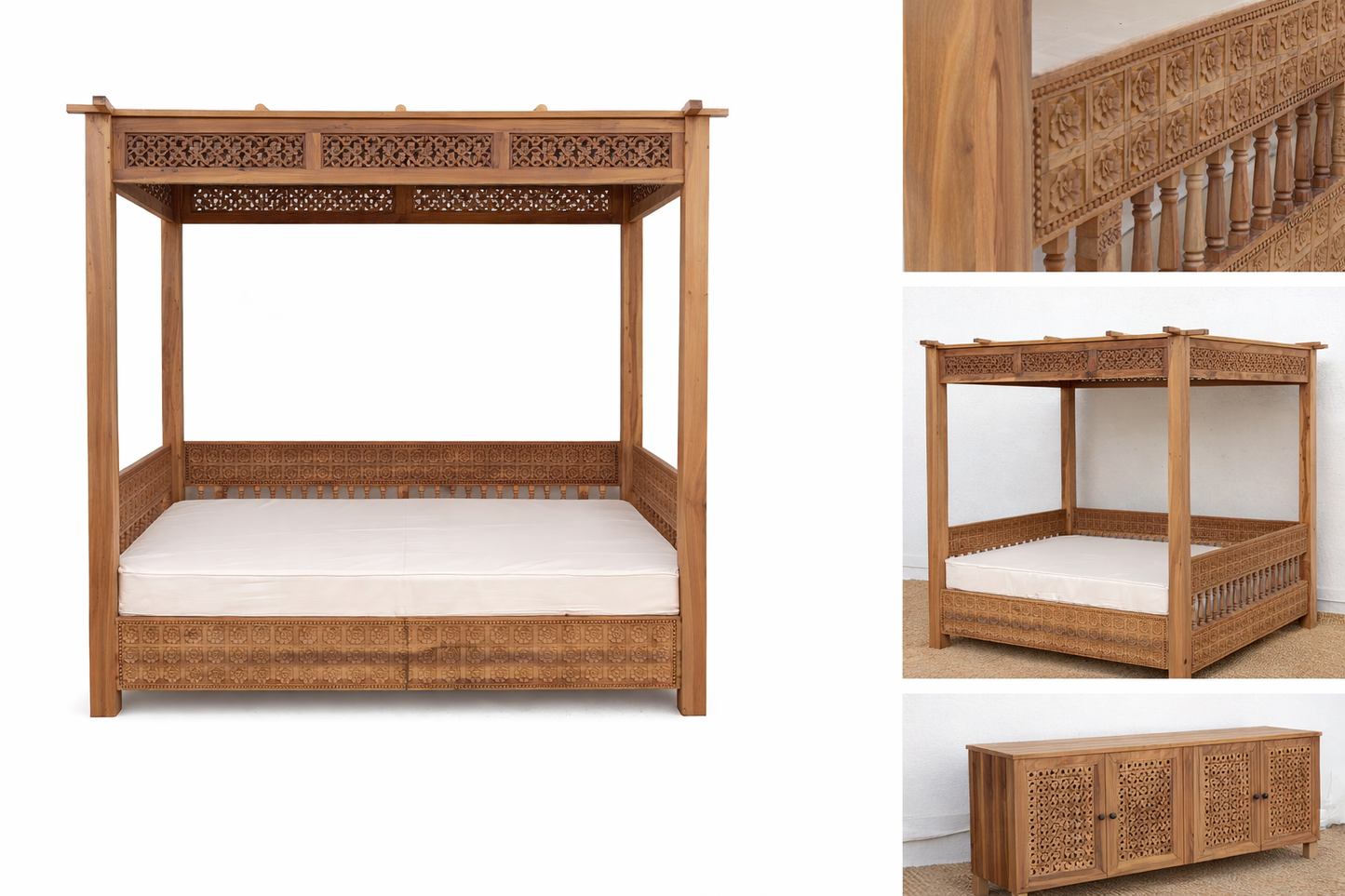 Wooden bed with intricate carvings on a white background