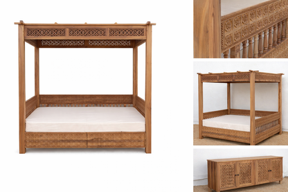 Wooden bed with intricate carvings on a white background