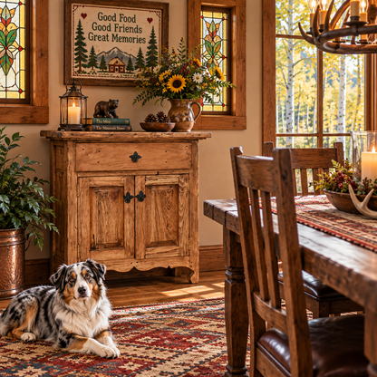 Rustic wood cabinet in a cozy cabin dining room with cross-stitch wall art, stained-glass window, colorful rug, and Merle Australian Shepherd.
