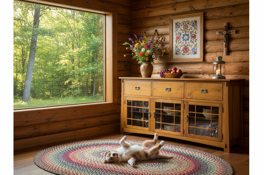 A vintage-style wooden sideboard cabinet with three drawers and three glass-paneled doors, finished in warm medium brown wood with brass handles and hinges, set against a dark gray wall and beige carpet.