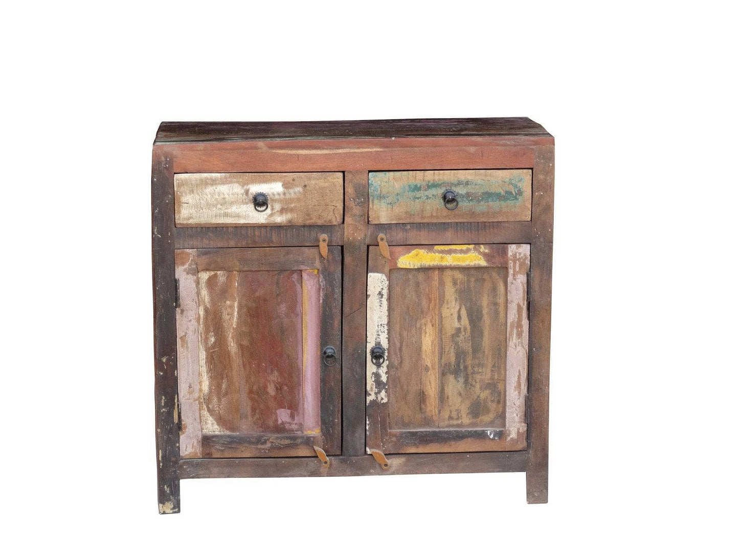 Rustic wooden cabinet with two doors and a drawer on a white background