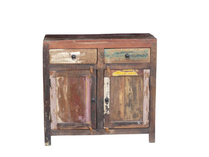 Rustic wooden cabinet with two doors and a drawer on a white background