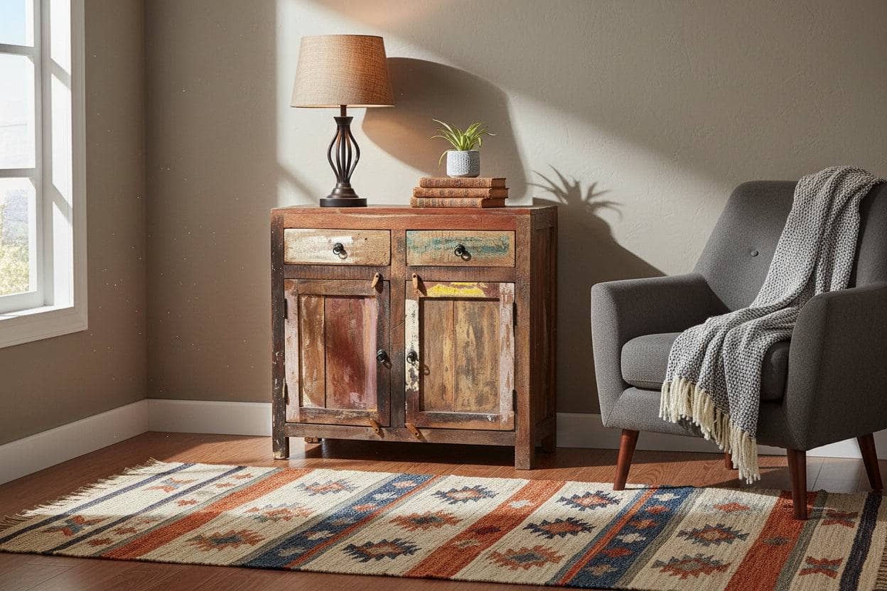 Living room with wooden sideboard, gray armchair, and patterned rug.