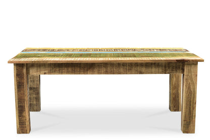 Wooden dining table with a green mosaic top on a white background