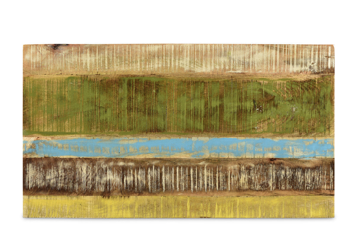 Abstract art piece with horizontal stripes of green, blue, and brown on a white background