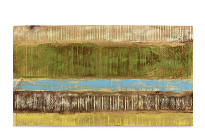 Abstract art piece with horizontal stripes of green, blue, and brown on a white background