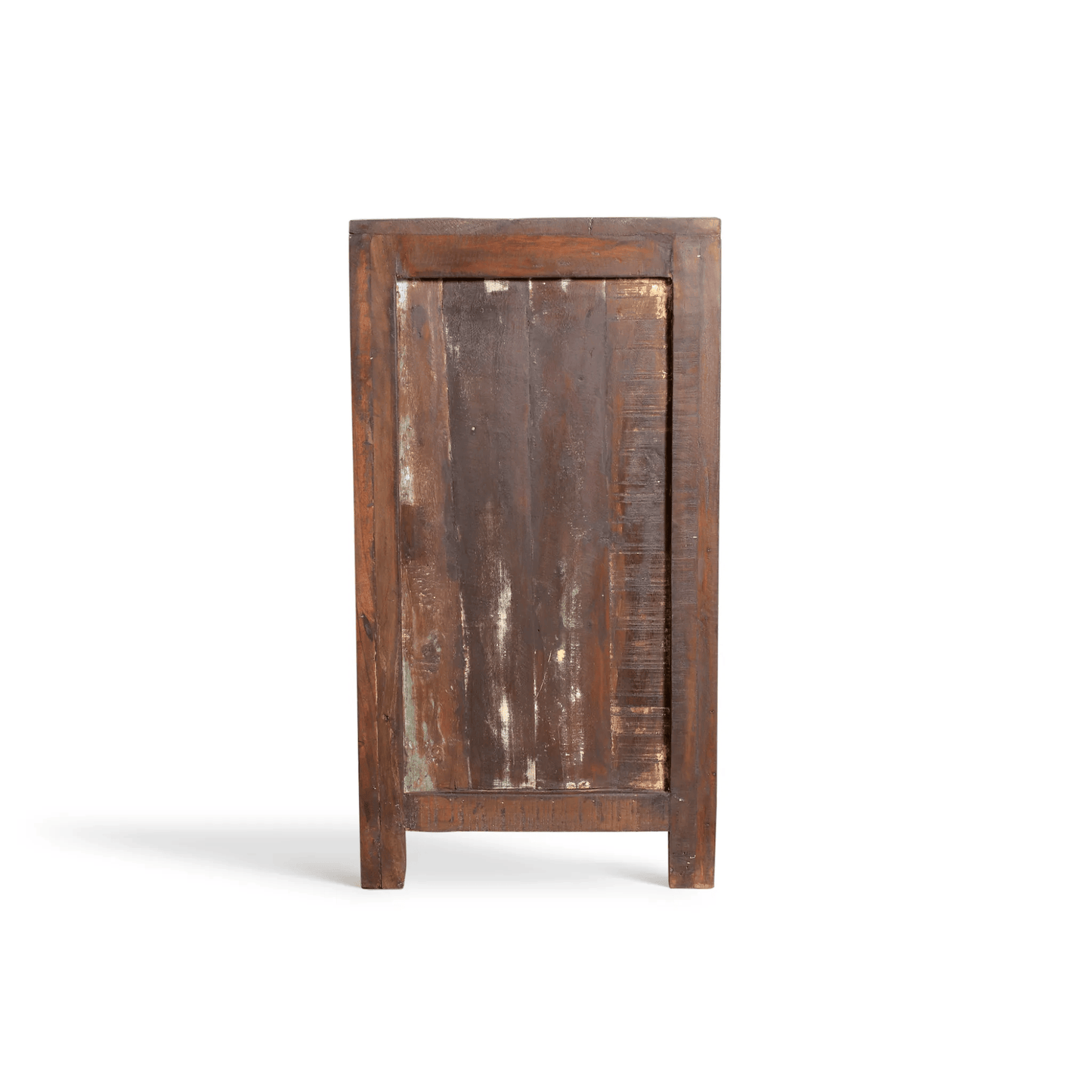 A rustic, handcrafted wooden cabinet or side table with a distressed finish, featuring a dark brown wood frame and a central door panel with peeling paint revealing weathered wood underneath, set against a plain white background.