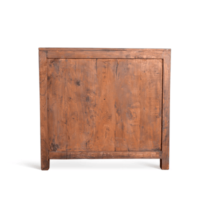 Wooden cabinet with a rustic finish on a white background