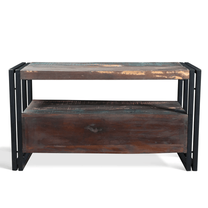 Wooden coffee table with metal frame on a white background