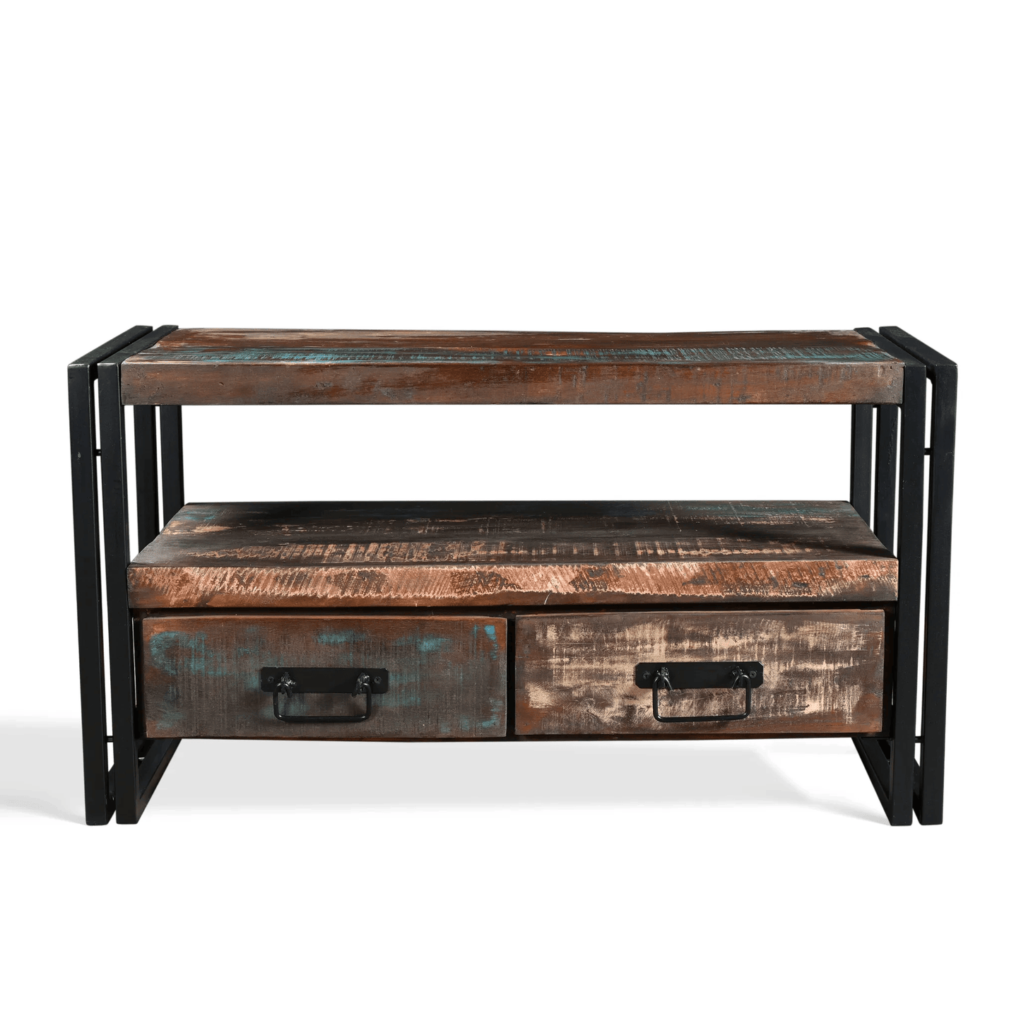 Wooden TV stand with metal frame on a white background