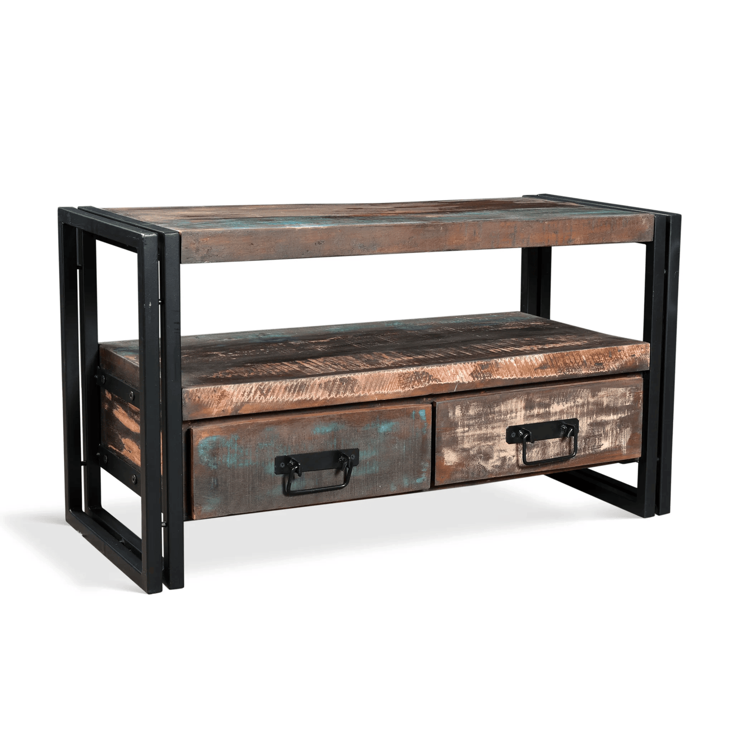 Wooden console table with metal frame on a white background