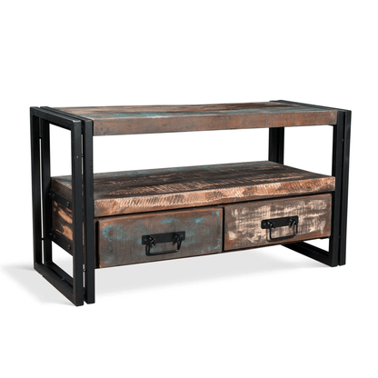 Wooden console table with metal frame on a white background