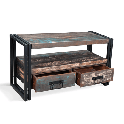 Wooden TV stand with metal frame and drawers on a white background