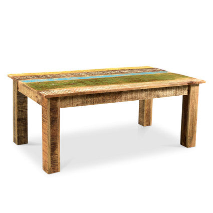 Wooden dining table with a green and blue inlay on a white background
