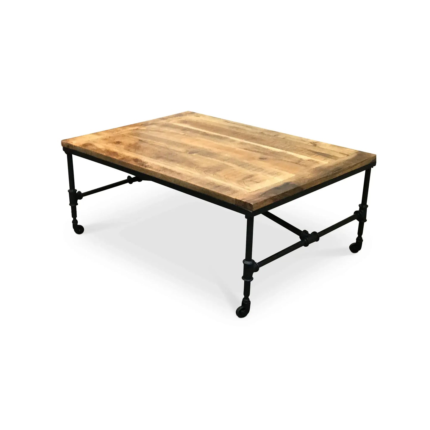 Mango wood coffee table with salvaged iron legs and caster wheels in industrial design