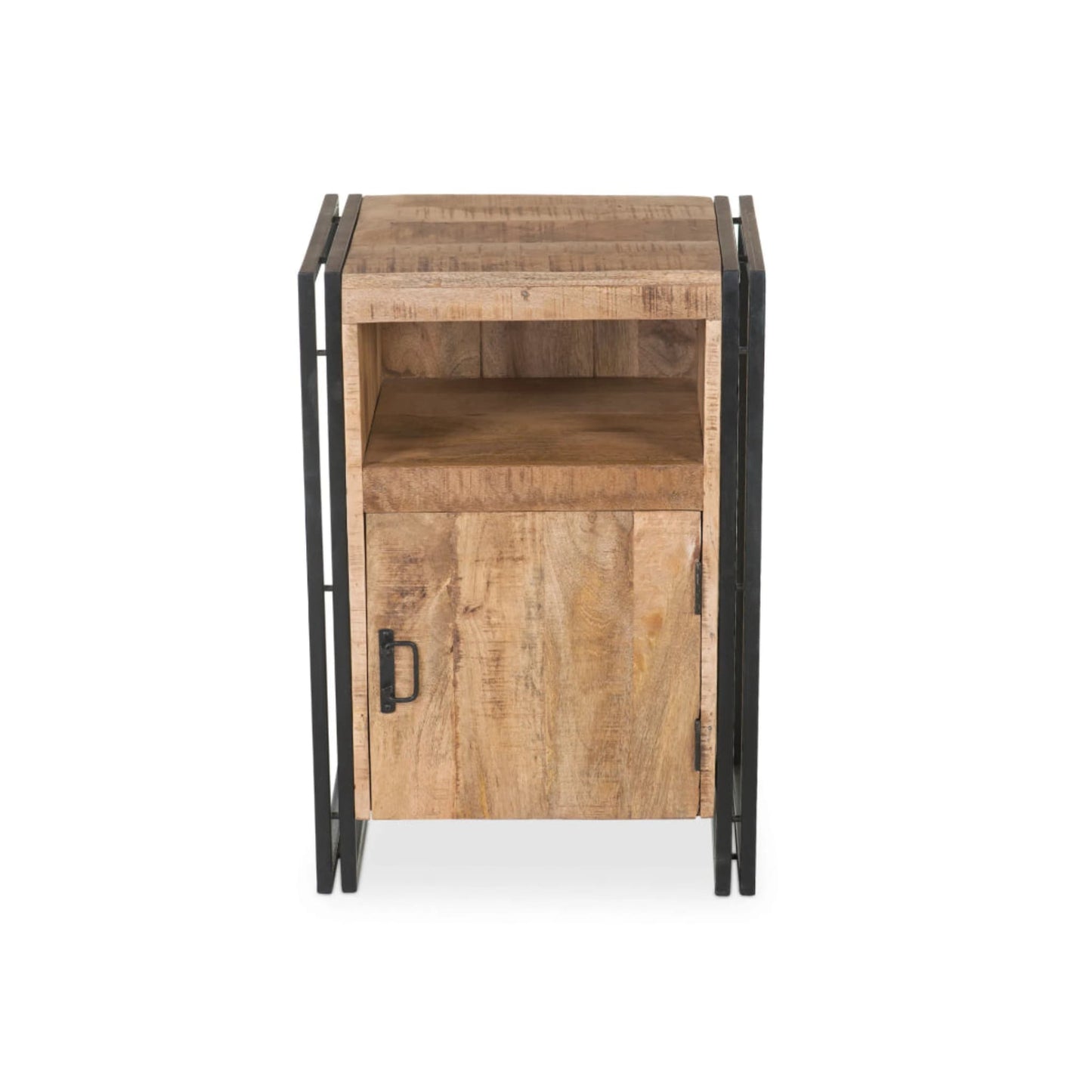 Wooden side table with metal frame on a white background