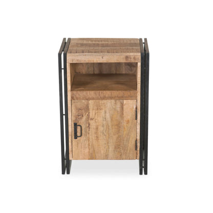 Wooden side table with metal frame on a white background