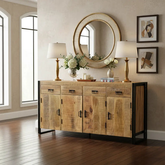 Industrial reclaimed wood sideboard with rough sawn mango wood and solid iron frame