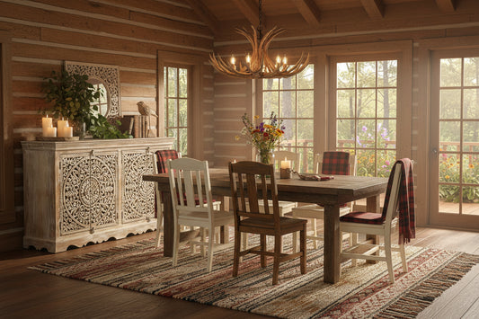 Carved Wooden 4-Door Sideboard showcased in a rustic dining room with a wooden table and decorative elements.