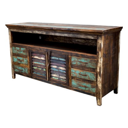 Front: Cabana 70-inch rustic TV stand with six drawers, two shutter doors and a wide open shelf