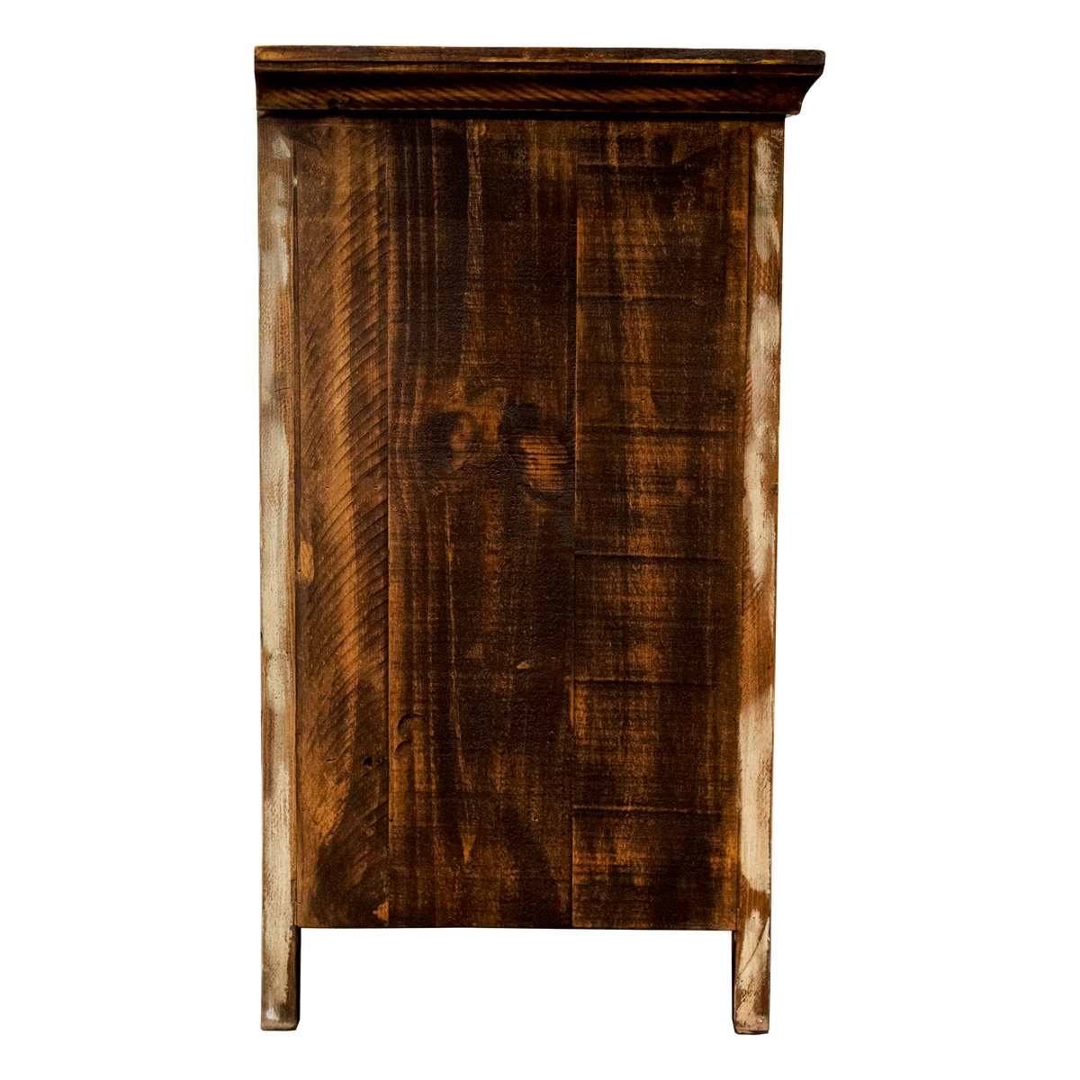 Side: Side view of Cabana rustic TV stand showing brown wood grain and raised legs
