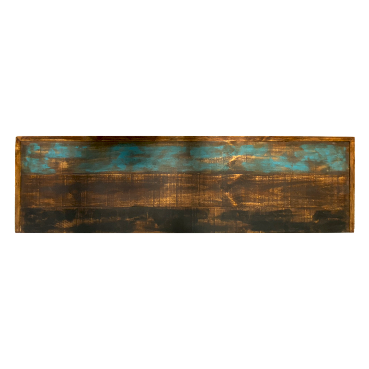 Top: Top view of Cabana rustic TV stand showing distressed brown and turquoise wood finish
