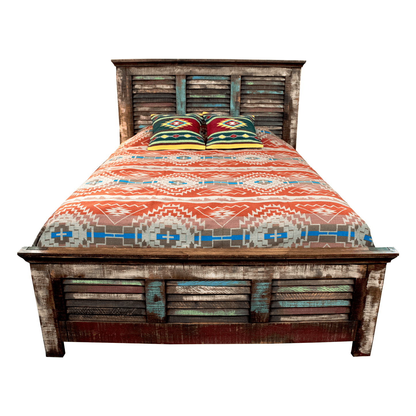 A rustic reclaimed wood platform bed with a slatted headboard and footboard, styled with a vibrant southwestern patterned quilt and two matching accent pillows, isolated on a white background.