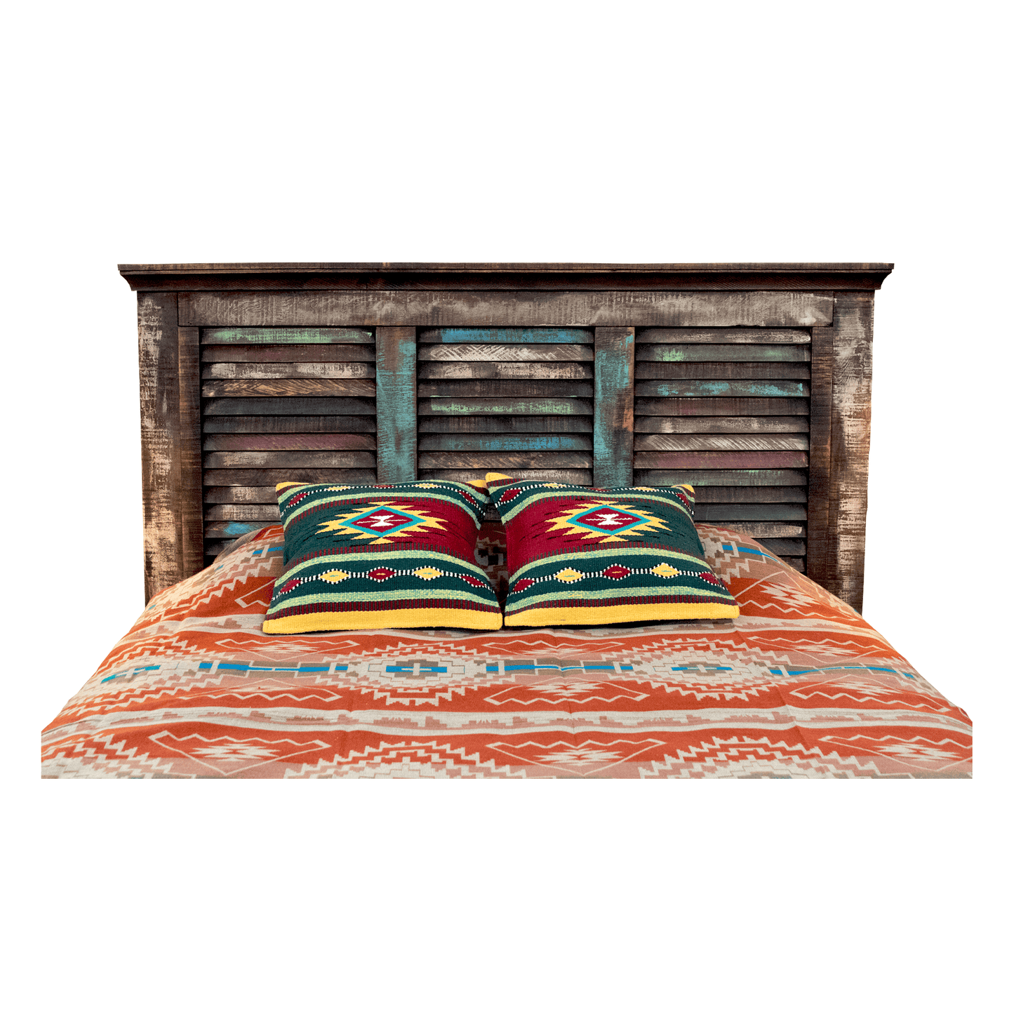 Bed with wooden headboard and patterned bedding on a white background