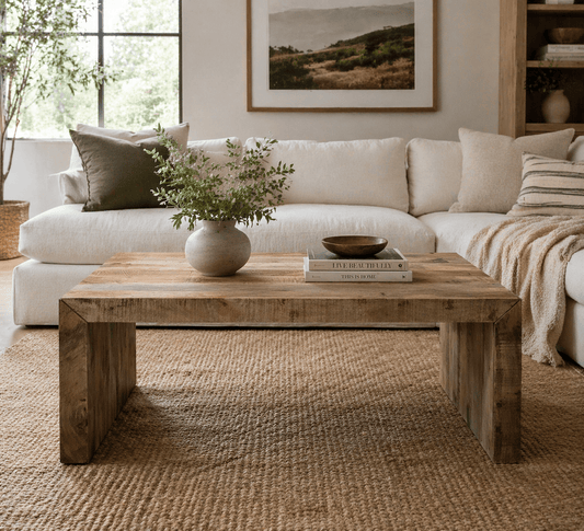 Living room with a white sofa, wooden coffee table, and decorative items.