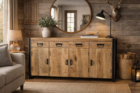 Hand-crafted industrial reclaimed wood sideboard showing rough sawn mango planks and iron frame