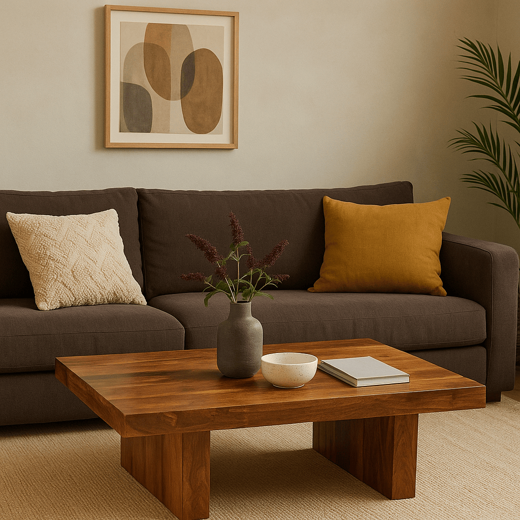 A modern living room scene featuring a dark brown wooden coffee table in the foreground, a dark brown fabric sofa with two decorative throw pillows, and a framed abstract art print on the beige wall behind it.