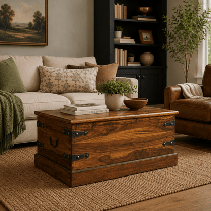 Solid Sheesham Wood Trunk Coffee Table in a cozy living room setting with sofa and decor.