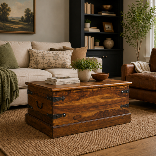 Solid Sheesham Wood Trunk Coffee Table in a cozy living room setting with sofa and decor.