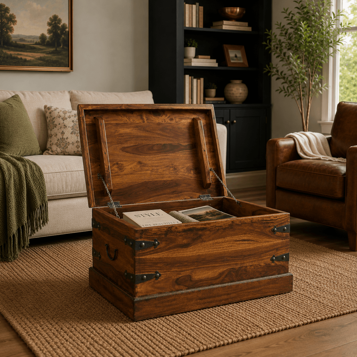 Solid Sheesham Wood Trunk Coffee Table with an open lid, showcasing books inside, in a cozy living room setting.