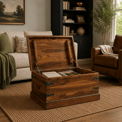 Solid Sheesham Wood Trunk Coffee Table with an open lid, showcasing books inside, in a cozy living room setting.