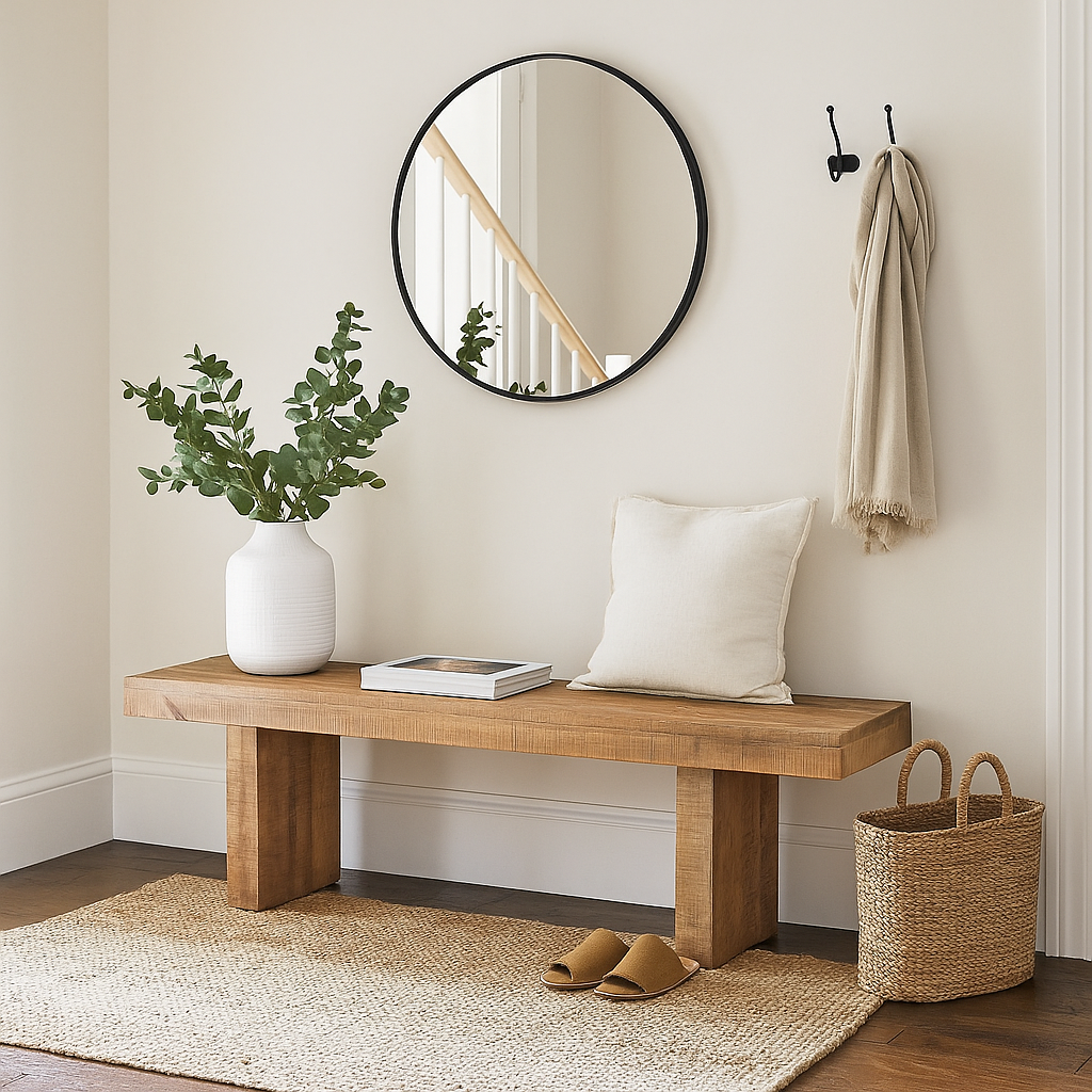 Wooden bench with a plant, book, and pillow in a room with a round mirror and hooks on the wall.