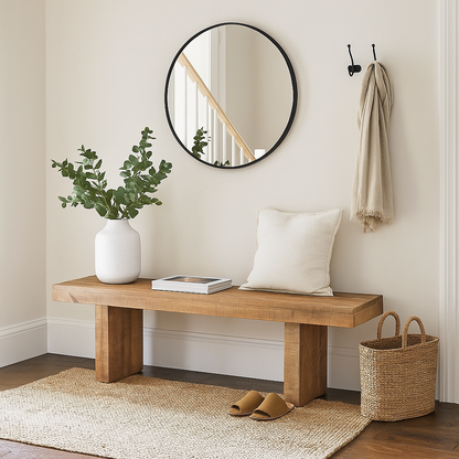 Wooden bench with a plant, book, and pillow in a room with a round mirror and hooks on the wall.