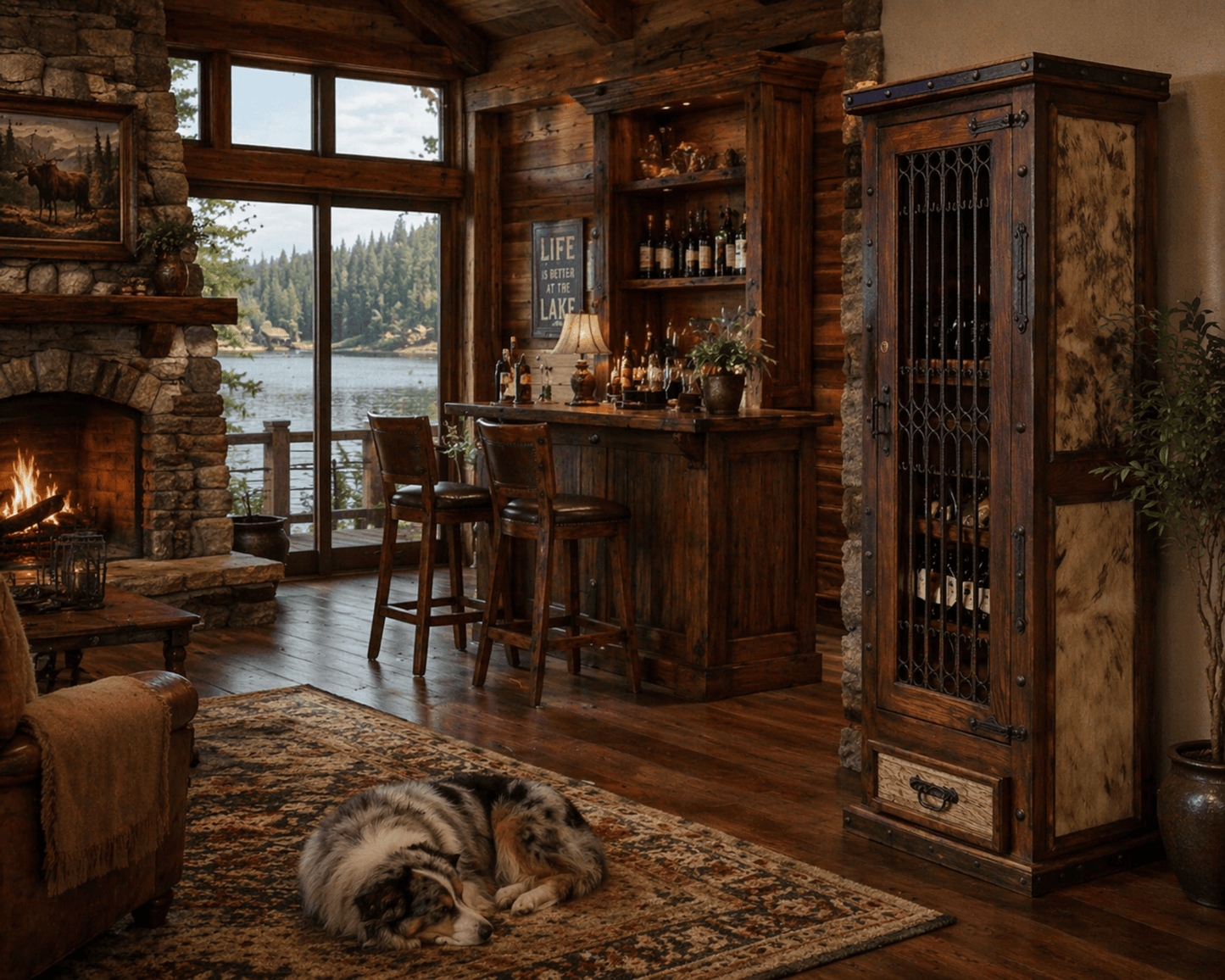 Cozy cabin interior with stone fireplace, wooden bar, and wine rack.