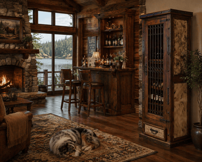 Cozy cabin interior with stone fireplace, wooden bar, and wine rack.