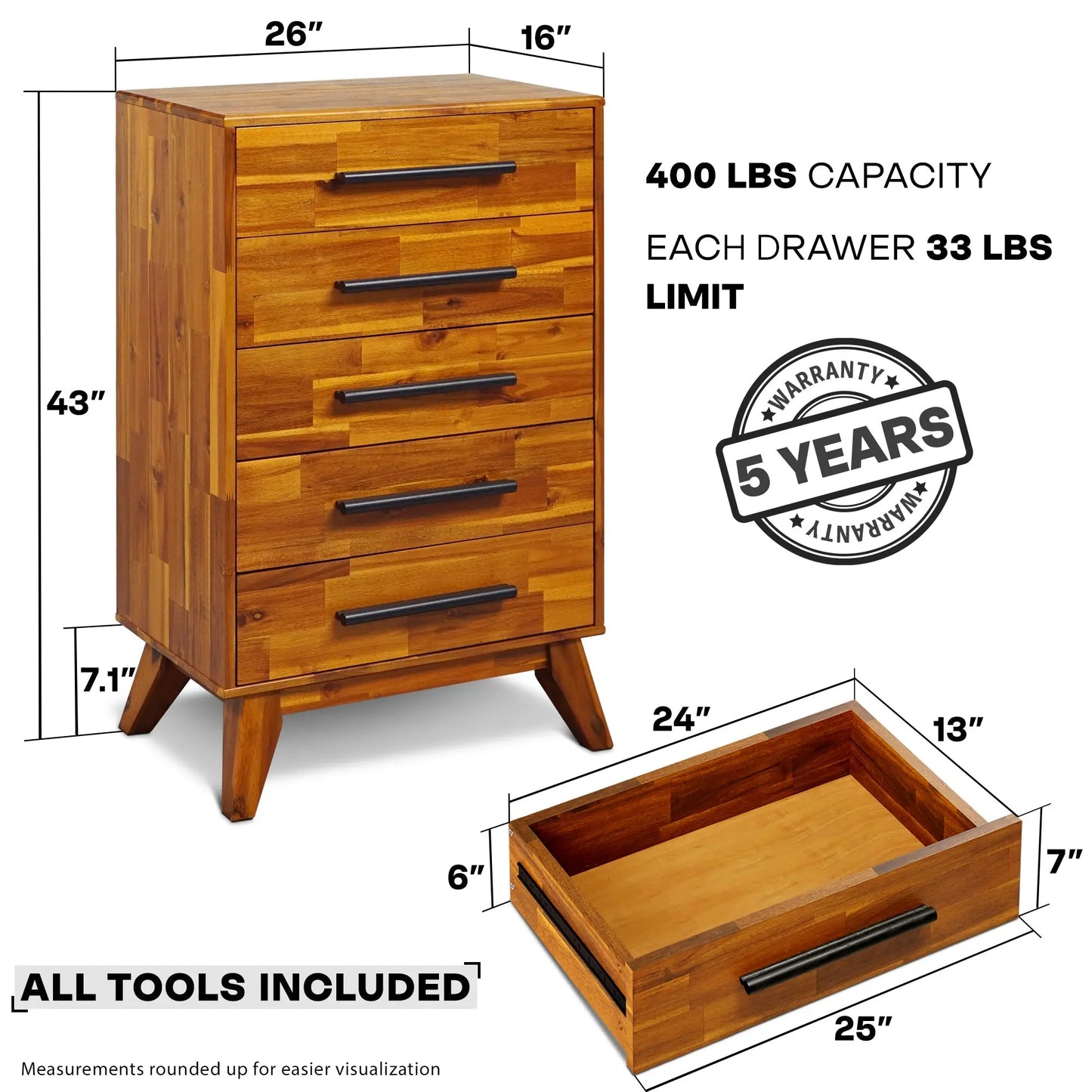 Solid Acacia Wood 5-Drawer Dresser for Timeless Elegance Megsu