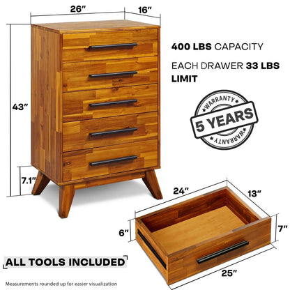 Solid Acacia Wood 5-Drawer Dresser for Timeless Elegance Megsu