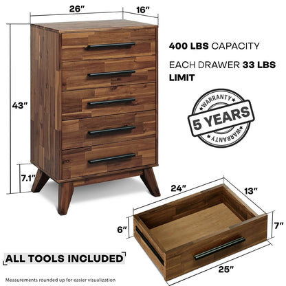 Solid Acacia Wood 5-Drawer Dresser for Timeless Elegance Megsu