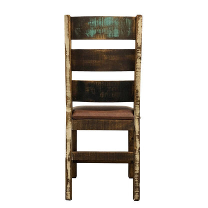 A rustic wooden ladder-back dining chair with a distressed finish, featuring a brown upholstered seat cushion, shown against a plain white background.