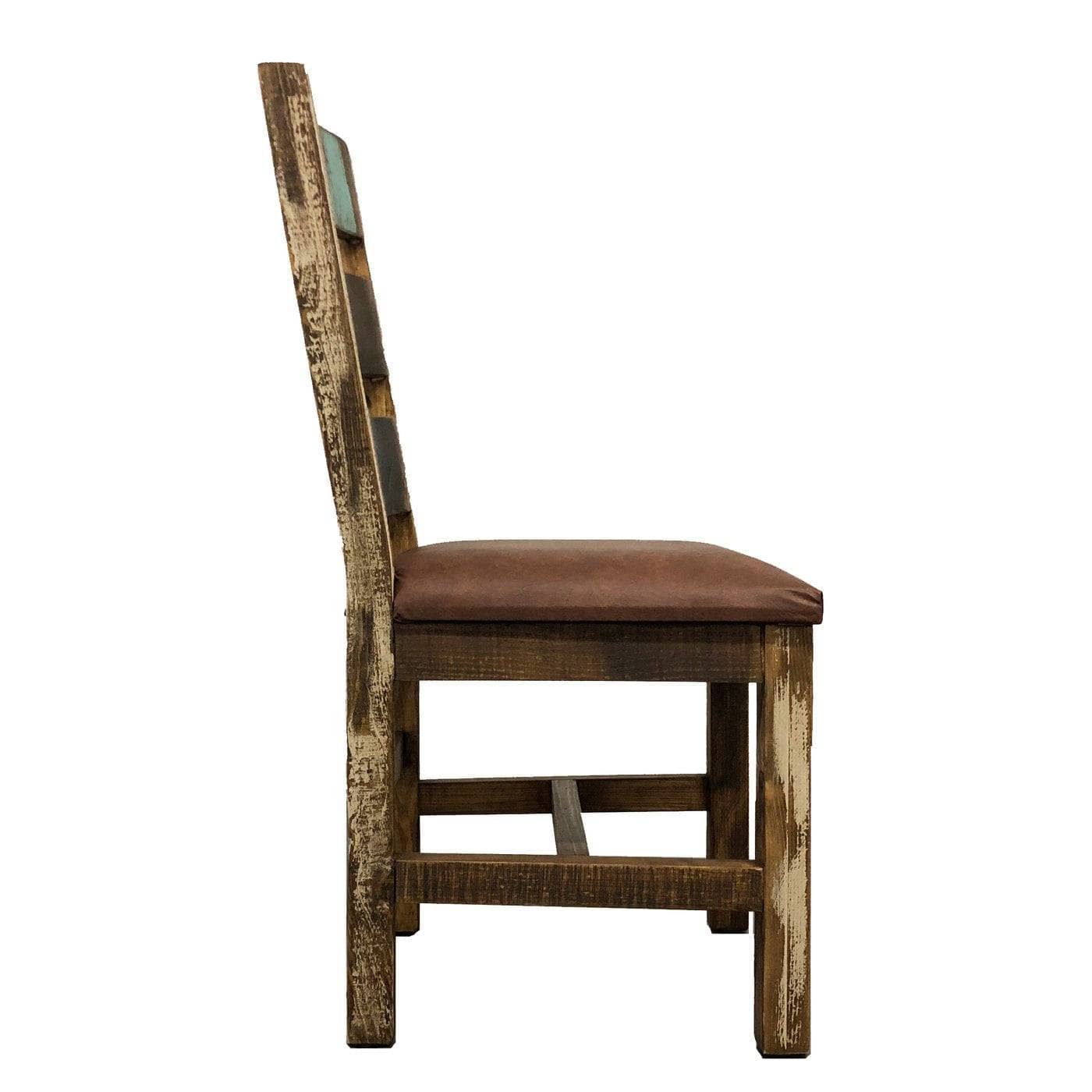 A rustic wooden dining chair with a distressed brown finish and a brown upholstered seat cushion, shown from a side profile view against a plain white background.