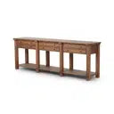 A wooden console table with a medium brown finish, featuring two drawers on the top, a lower shelf, and four legs, shown against a plain white background.